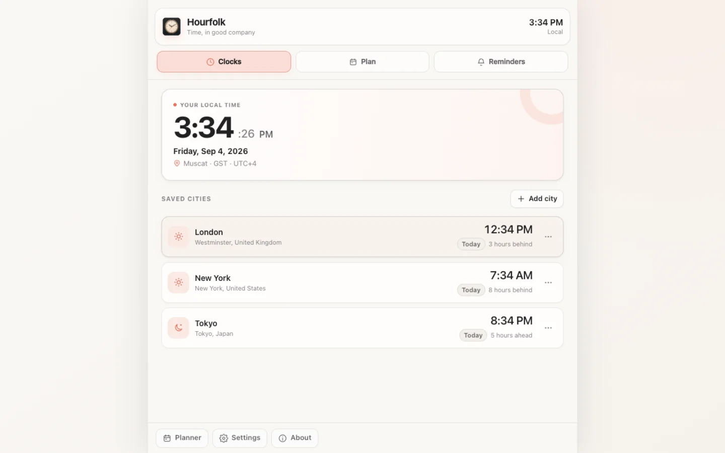 Hourfolk showing the local time and saved clocks for London, New York, and Tokyo