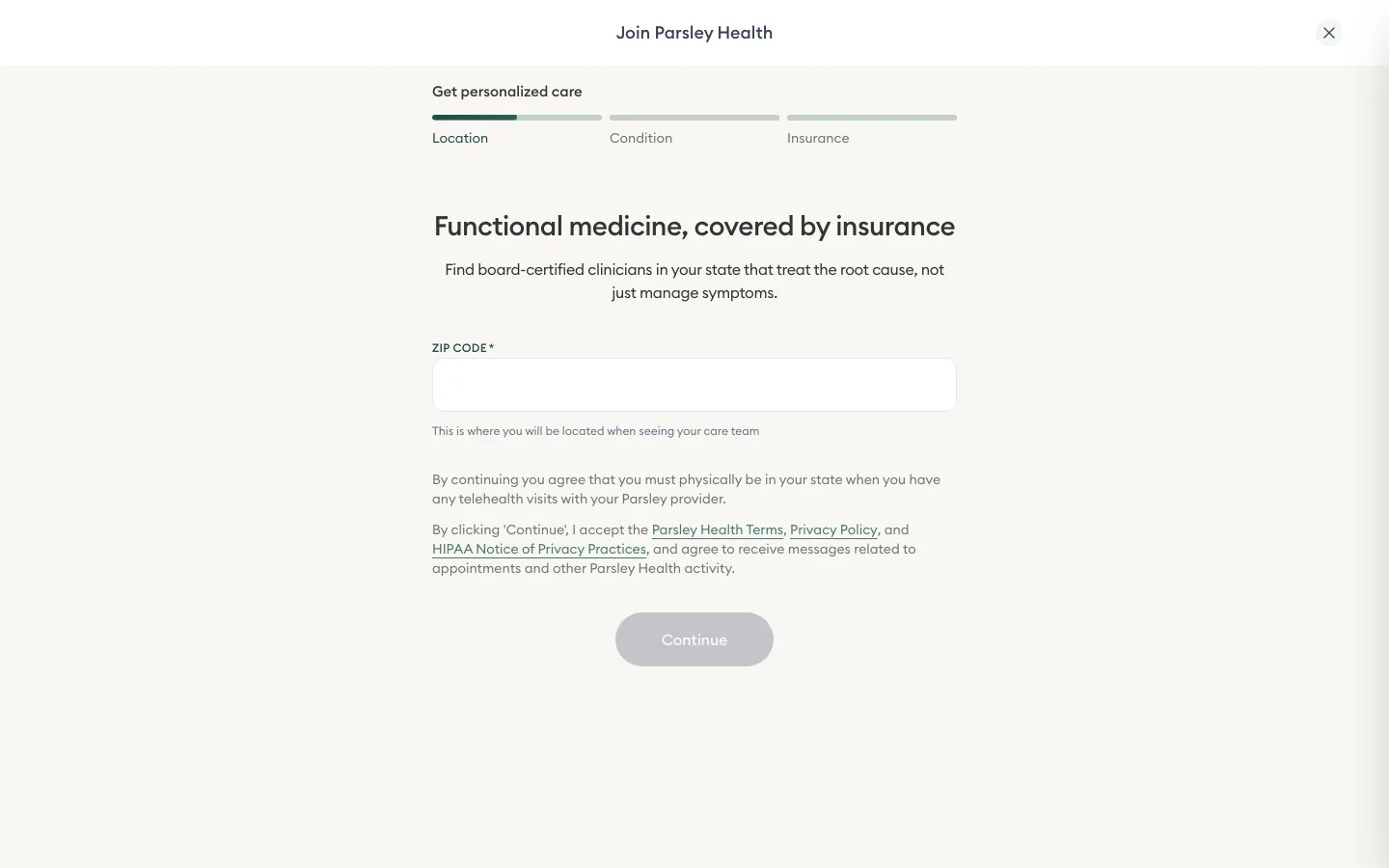 Parsley Health join flow, the clinician-matching step